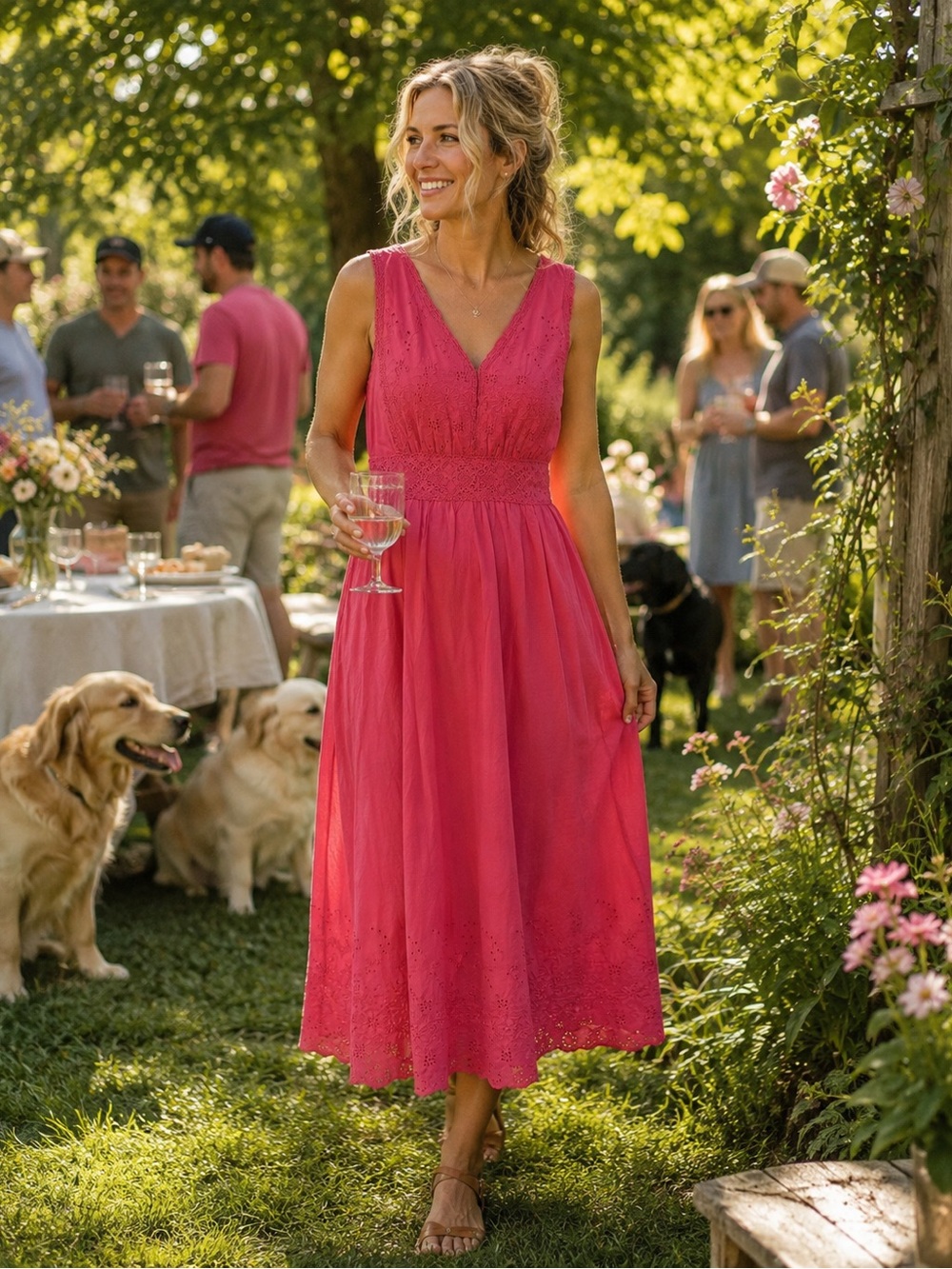 Charter Club Pink Eyelet Midi Dress Size 12 | 100% Cotton Embroidered Summer